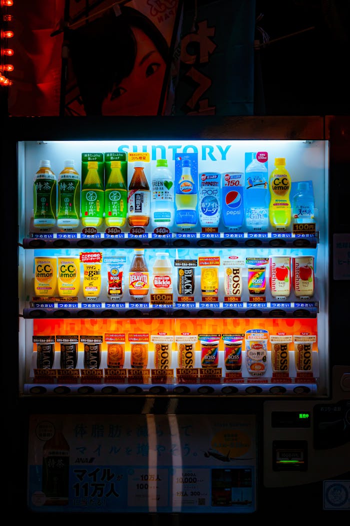 Vibrant, well-lit vending machine offering a variety of drinks.