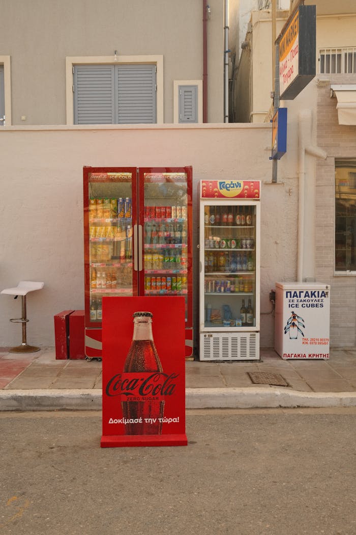 Street vending machines display a variety of drinks, with a Coca-Cola sign at the forefront.